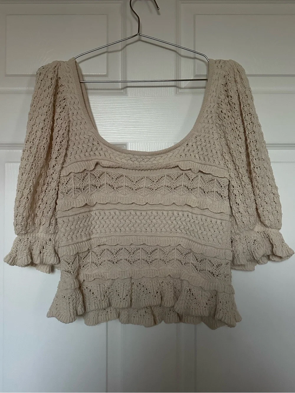 ZARA Cream Crochet Puff Ruffle Top